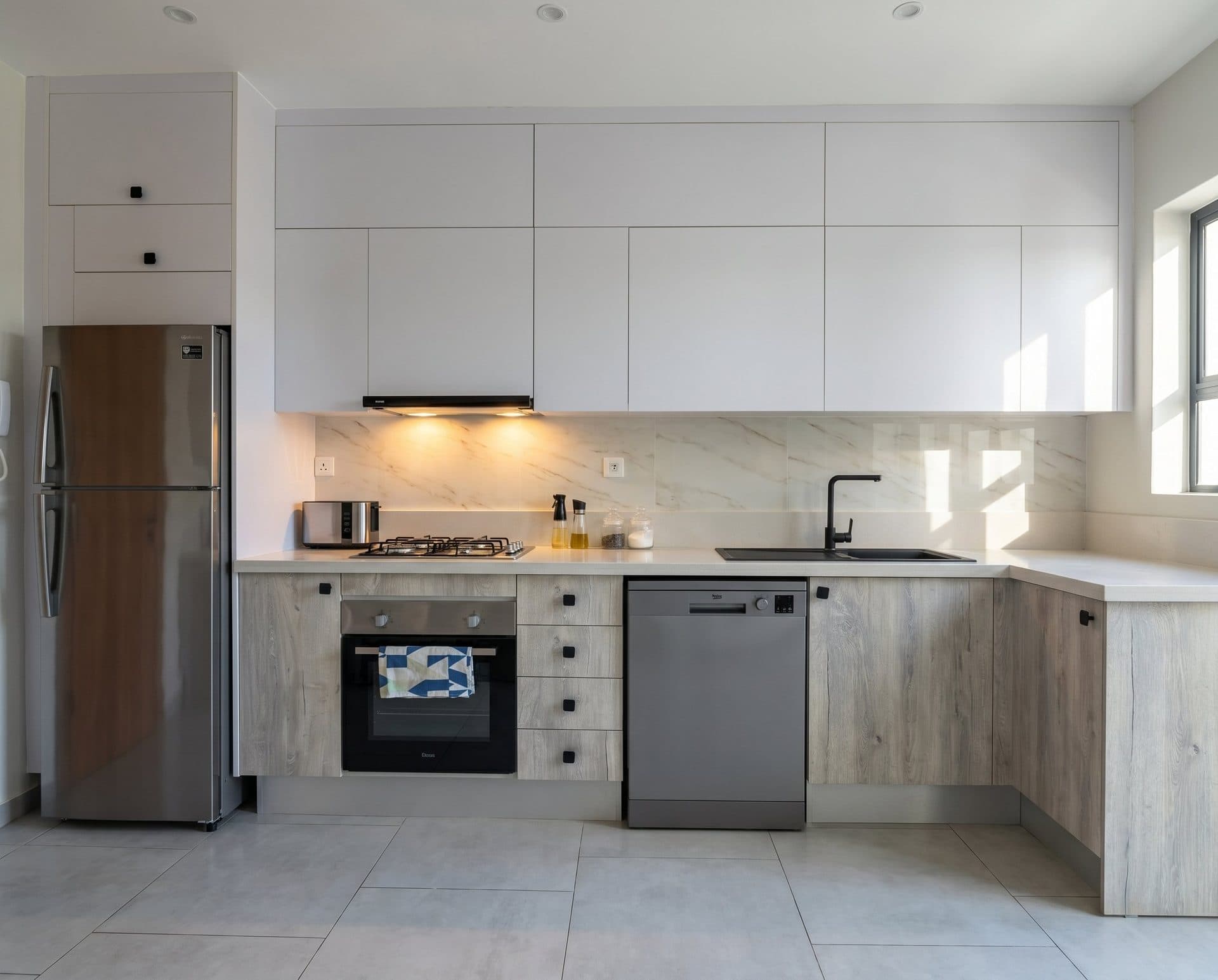 Cuisine equipee en L blanche et bois gris