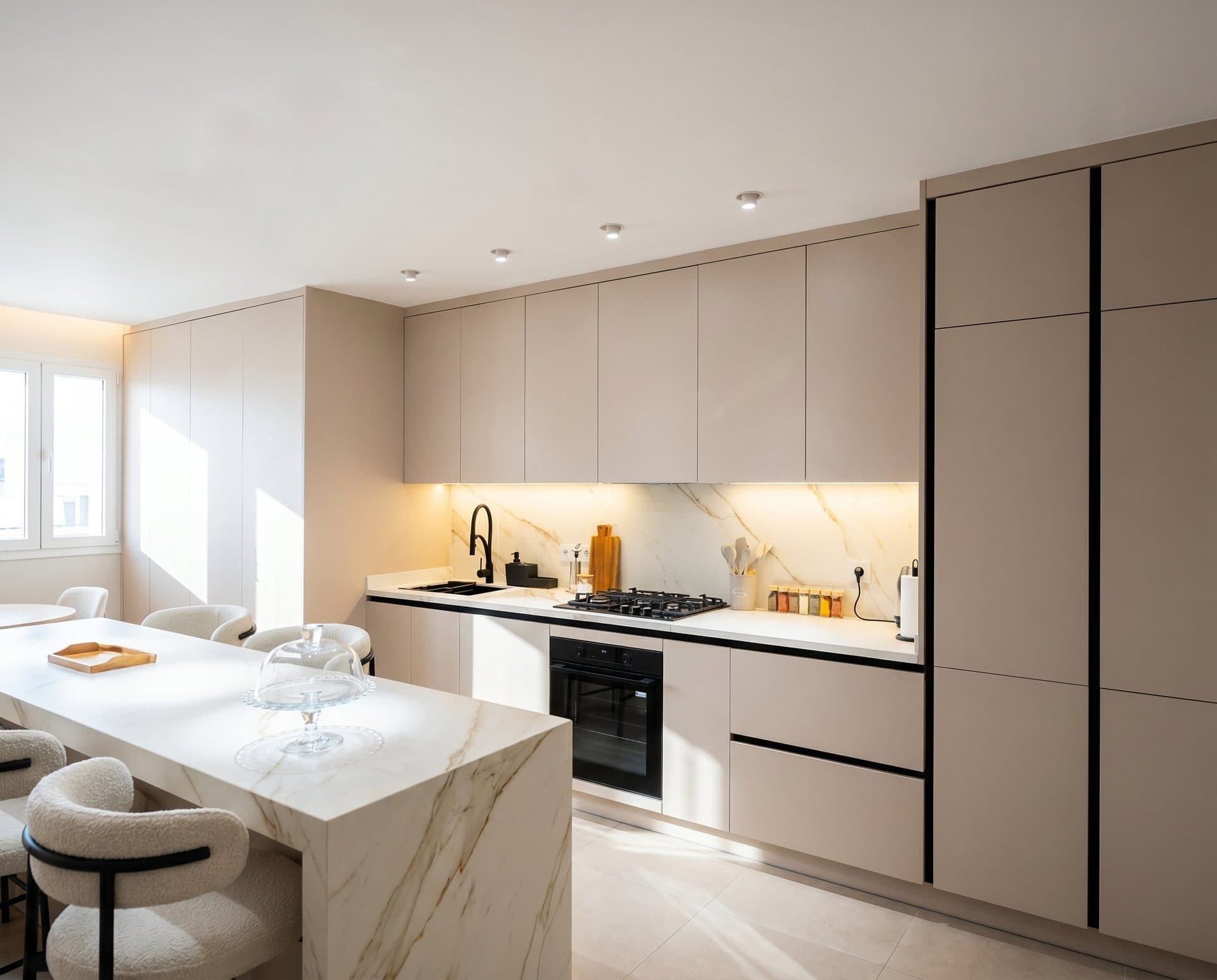 Cuisine ouverte beige taupe avec ilot marbre